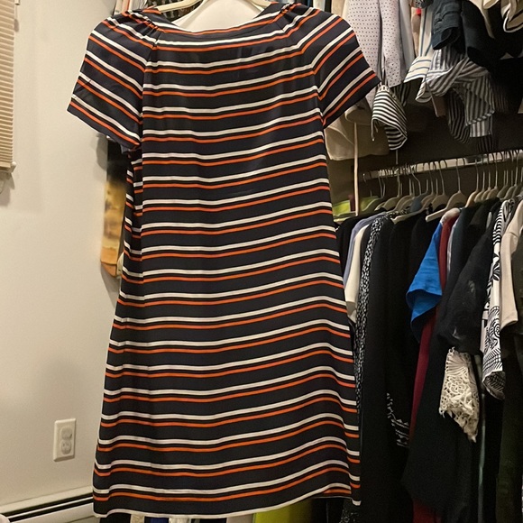 Jcrew silk dress definitely worn dress.  Color is navy, white stripes, orange - Picture 2 of 2